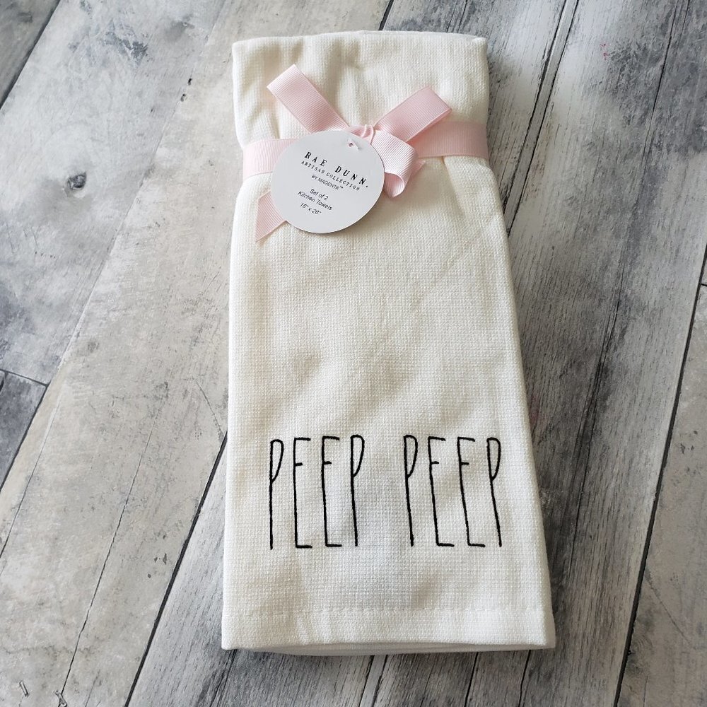 NWT - Rae Dunn White "Peep Peep" Kitchen Towel Set 16'' x 30''